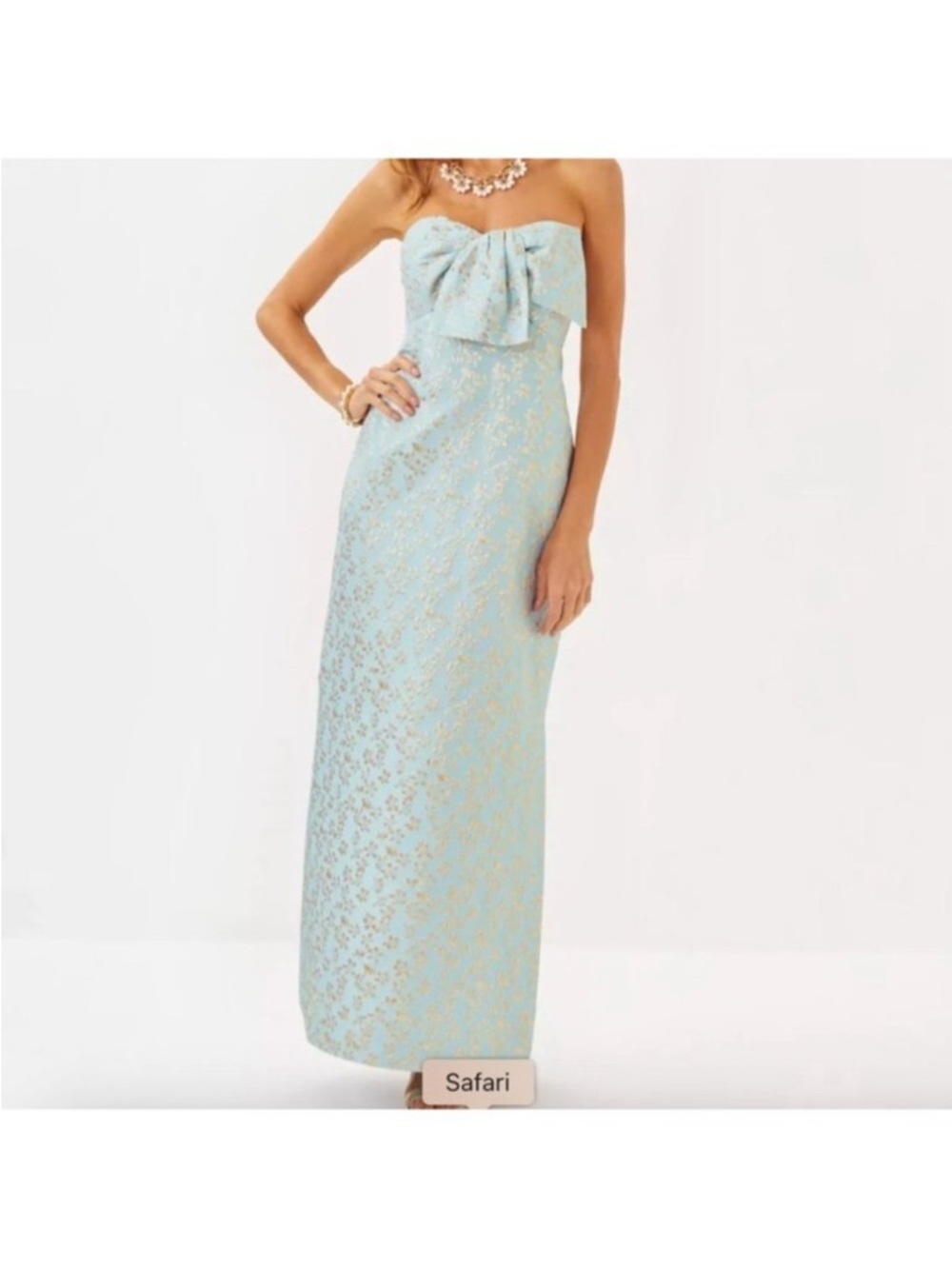 Lilly Pulitzer Strapless Light Blue and Gold Jacquard Gown with Bow